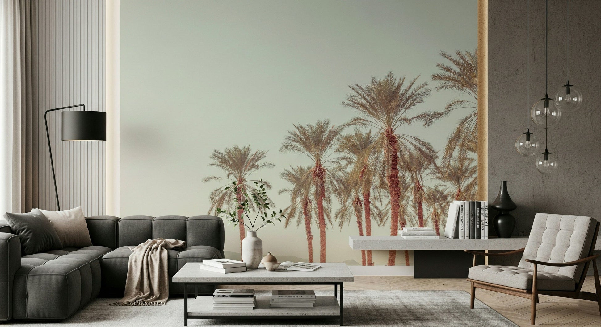 Tall palm silhouettes rising in warm neutral hues on a relaxed tropical wallpaper.