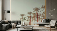 Tall palm silhouettes rising in warm neutral hues on a relaxed tropical wallpaper.