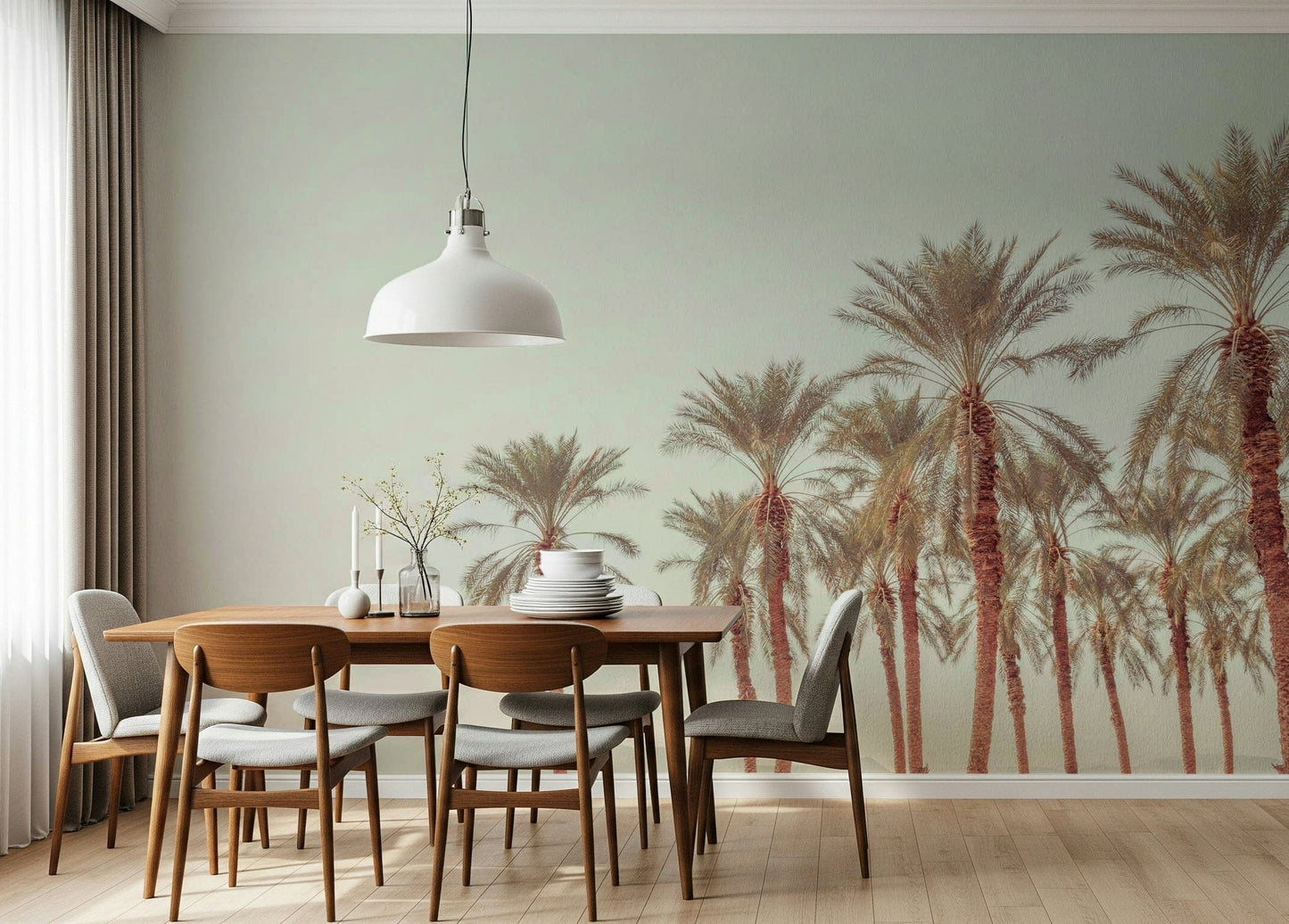 Palm Oasis Hues wallpaper featuring tall, sun-kissed palm trees against a soft gradient sky.