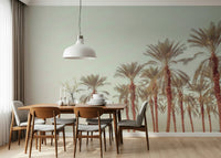 Palm Oasis Hues wallpaper featuring tall, sun-kissed palm trees against a soft gradient sky.
