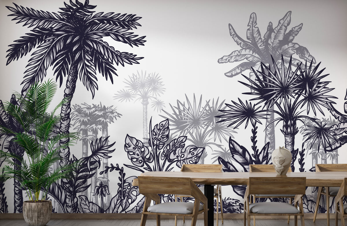 Large Sized Tropical Tree wallpaper mural shown as a full feature wall that highlights the design