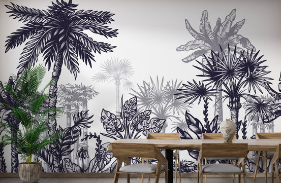 Large Sized Tropical Tree wallpaper mural shown as a full feature wall that highlights the design