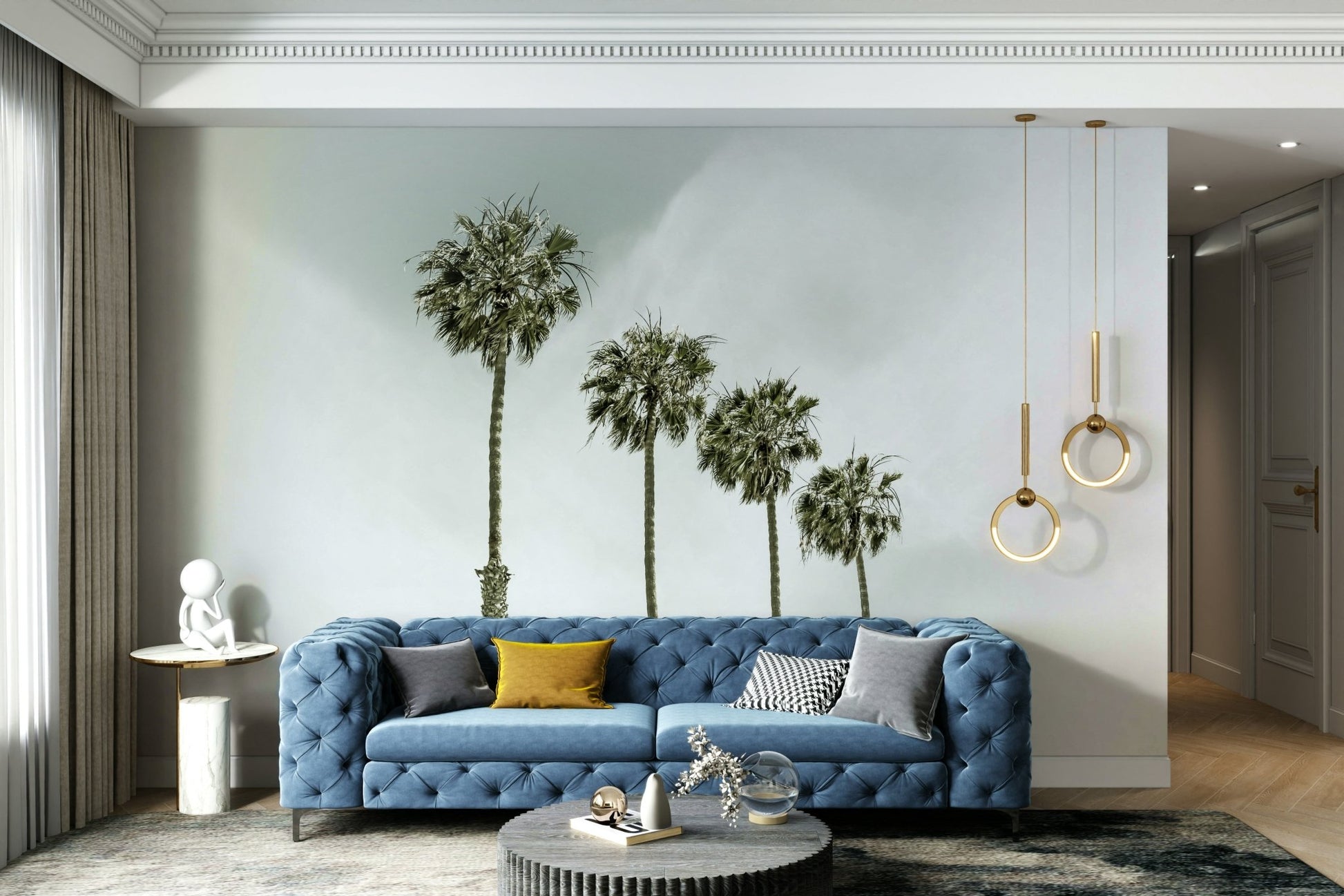 Nostalgic beach mural with vintage palm tree design


