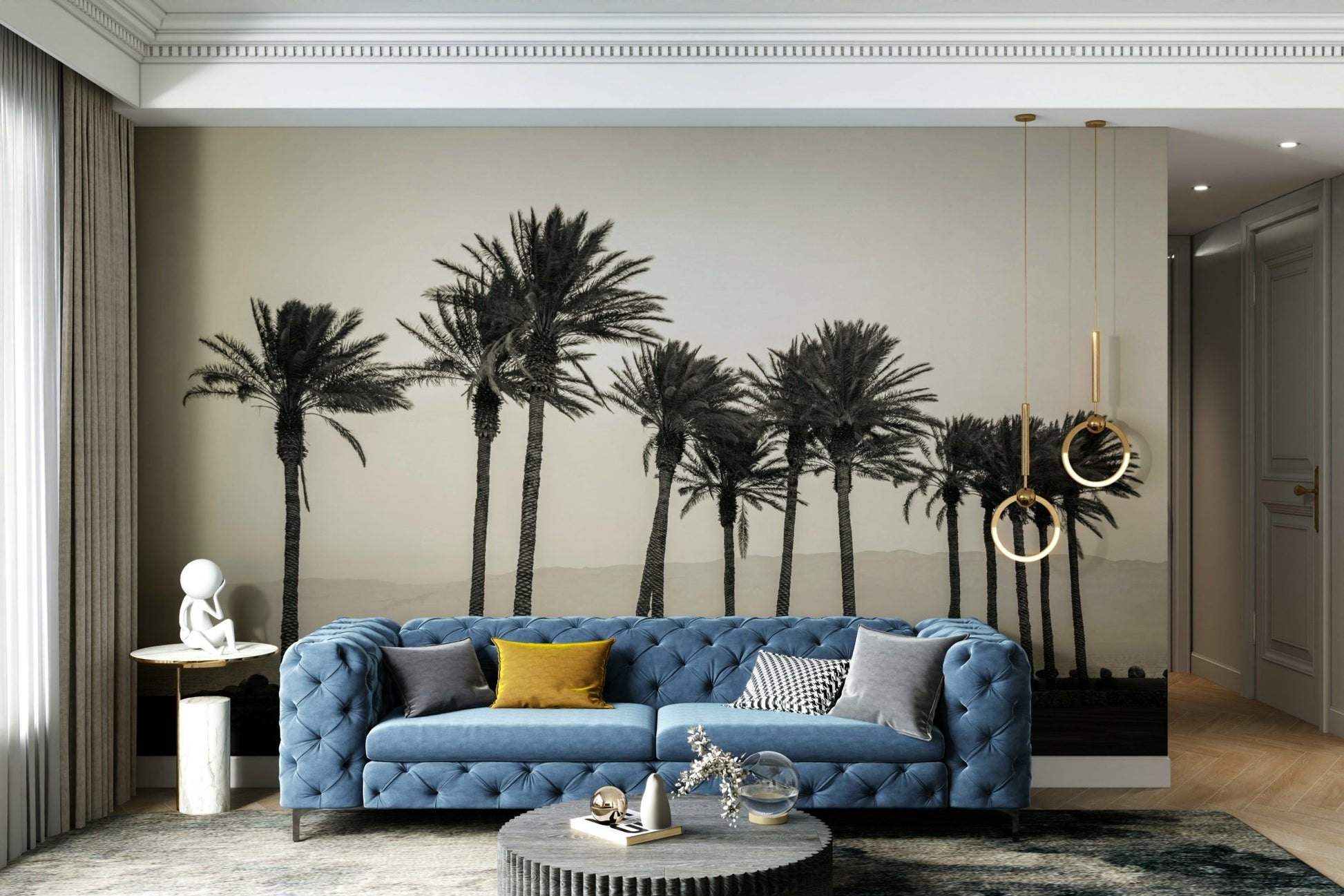Nature-inspired wall mural featuring palms and ocean in the background


