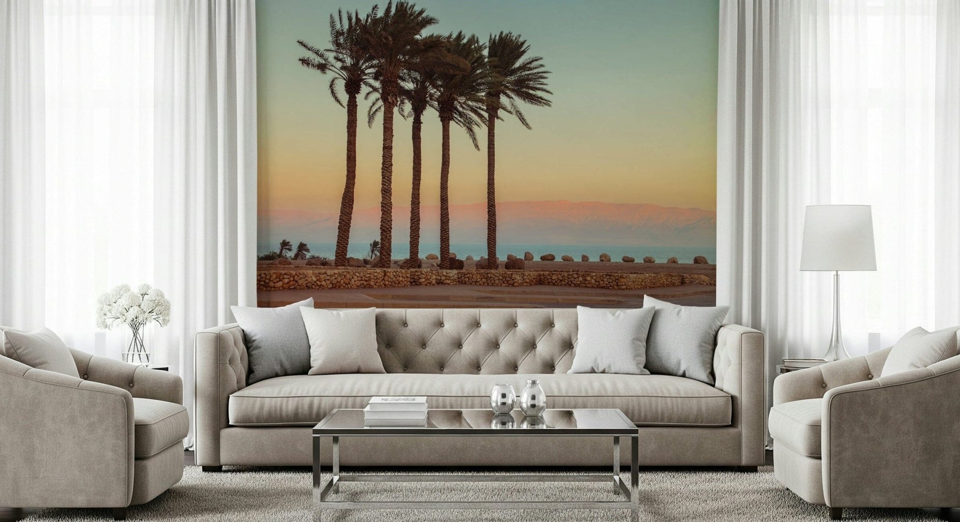 Coastal mural wallpaper featuring striking Palm Trees on Beach image.
