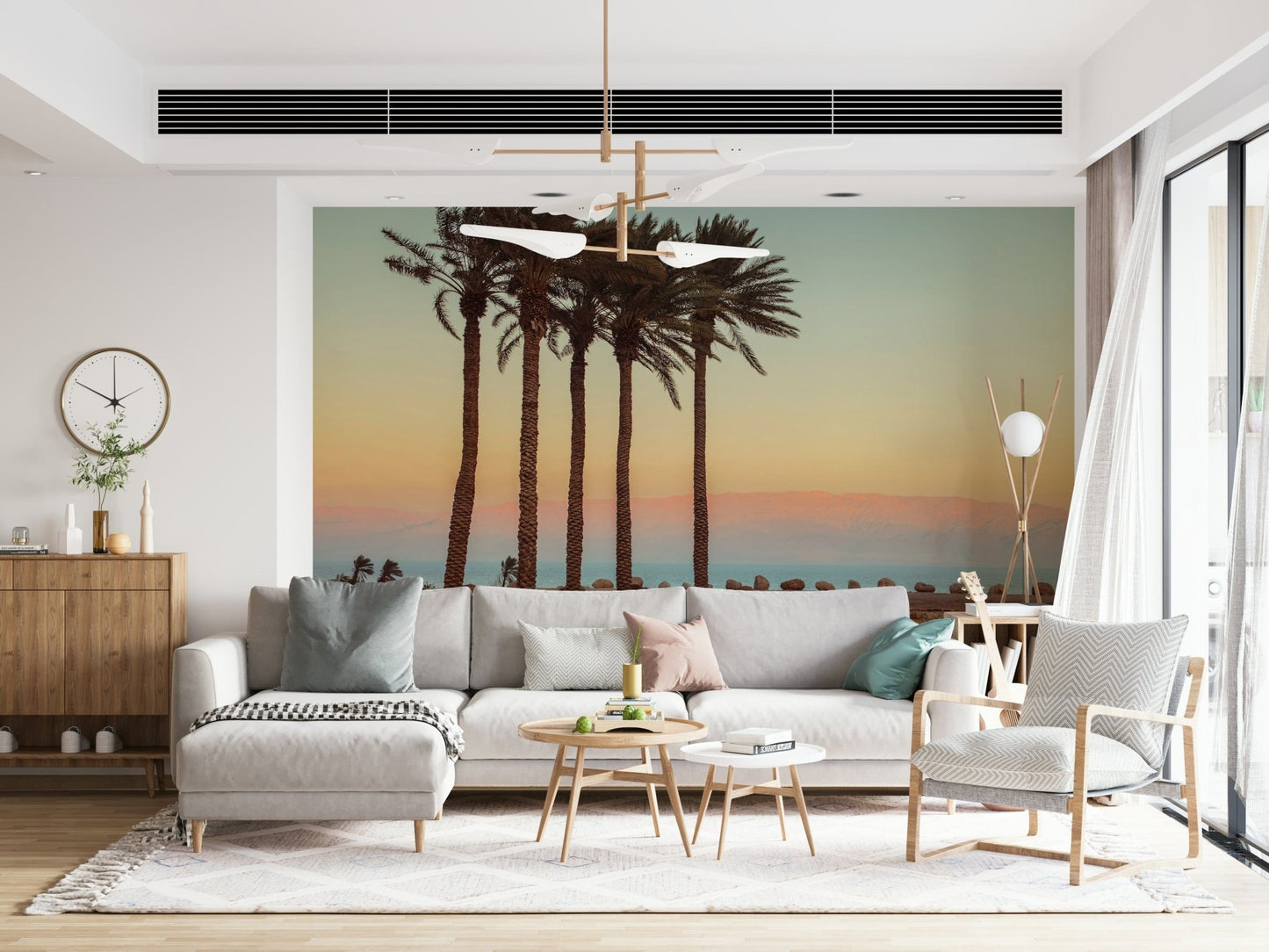 Warm tones landscape, serene view with five trees stately palm trees.