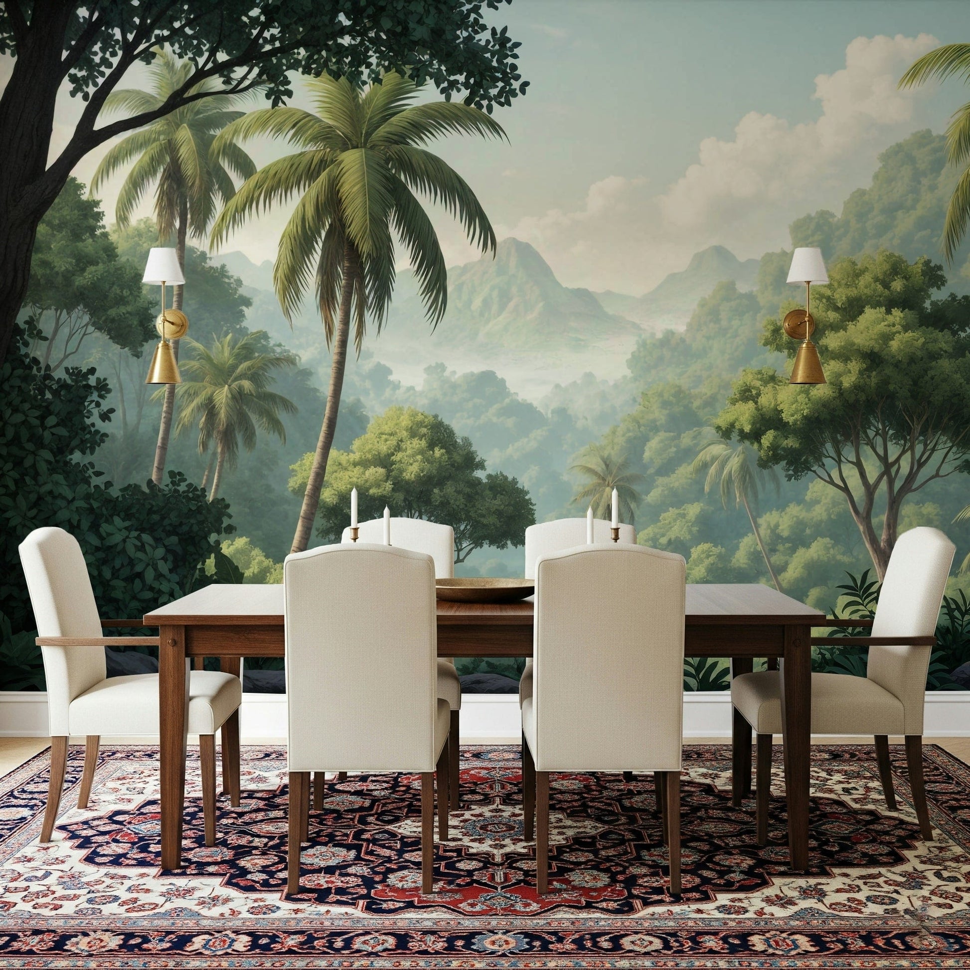 Palm Vista wallpaper mural of palms and jungle behind a dark wood dining table and cream chairs on a red rug