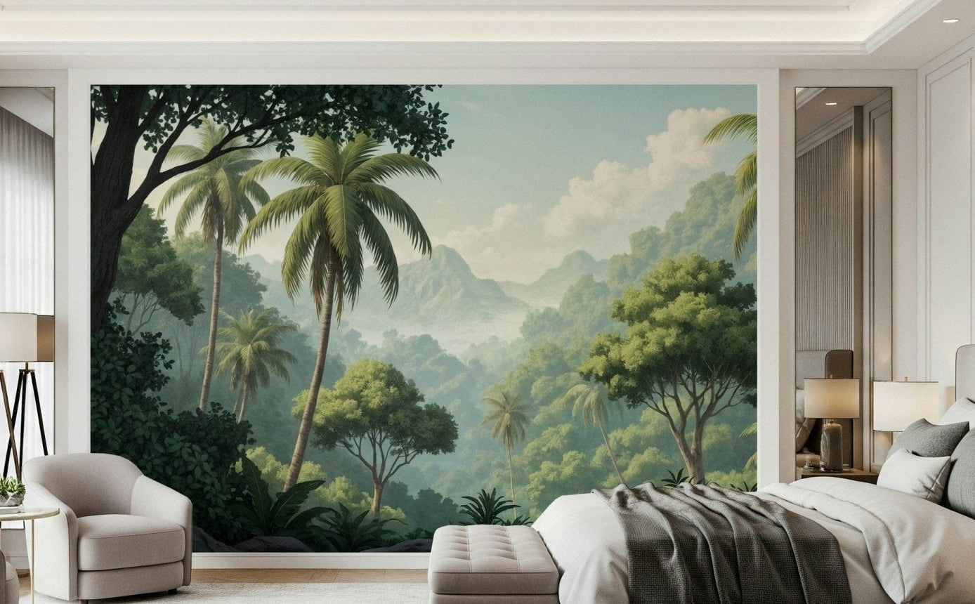 Palm Vista wallpaper mural of a tropical jungle and misty mountains behind a low cream bed in a bedroom