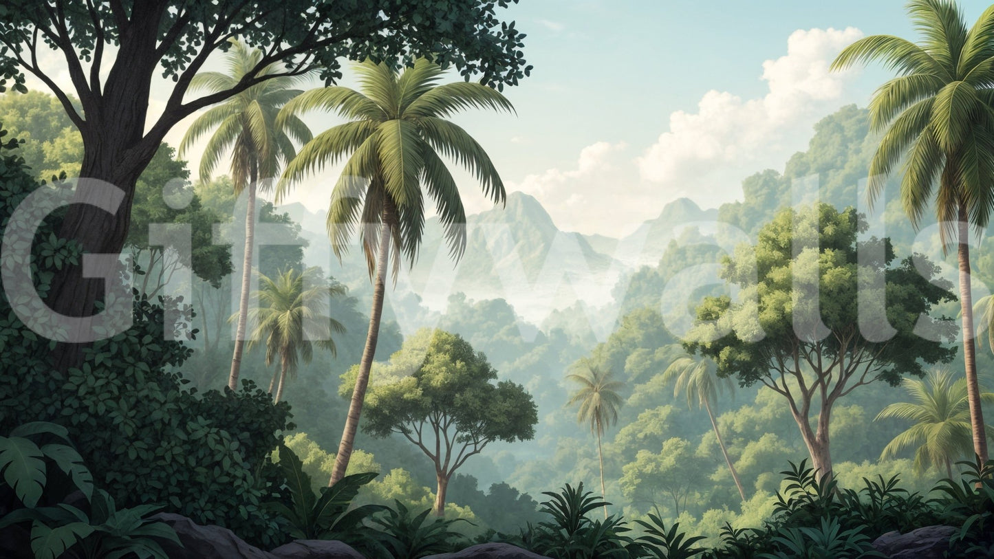 Palm Vista wallpaper mural shown as a full-wall scene of tall palms, dense jungle and misty green mountains