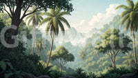 Palm Vista wallpaper mural shown as a full-wall scene of tall palms, dense jungle and misty green mountains