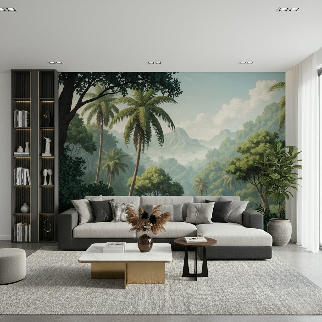 Palm Vista wallpaper mural of jungle palms and mountains above a gray sectional sofa in a modern living room