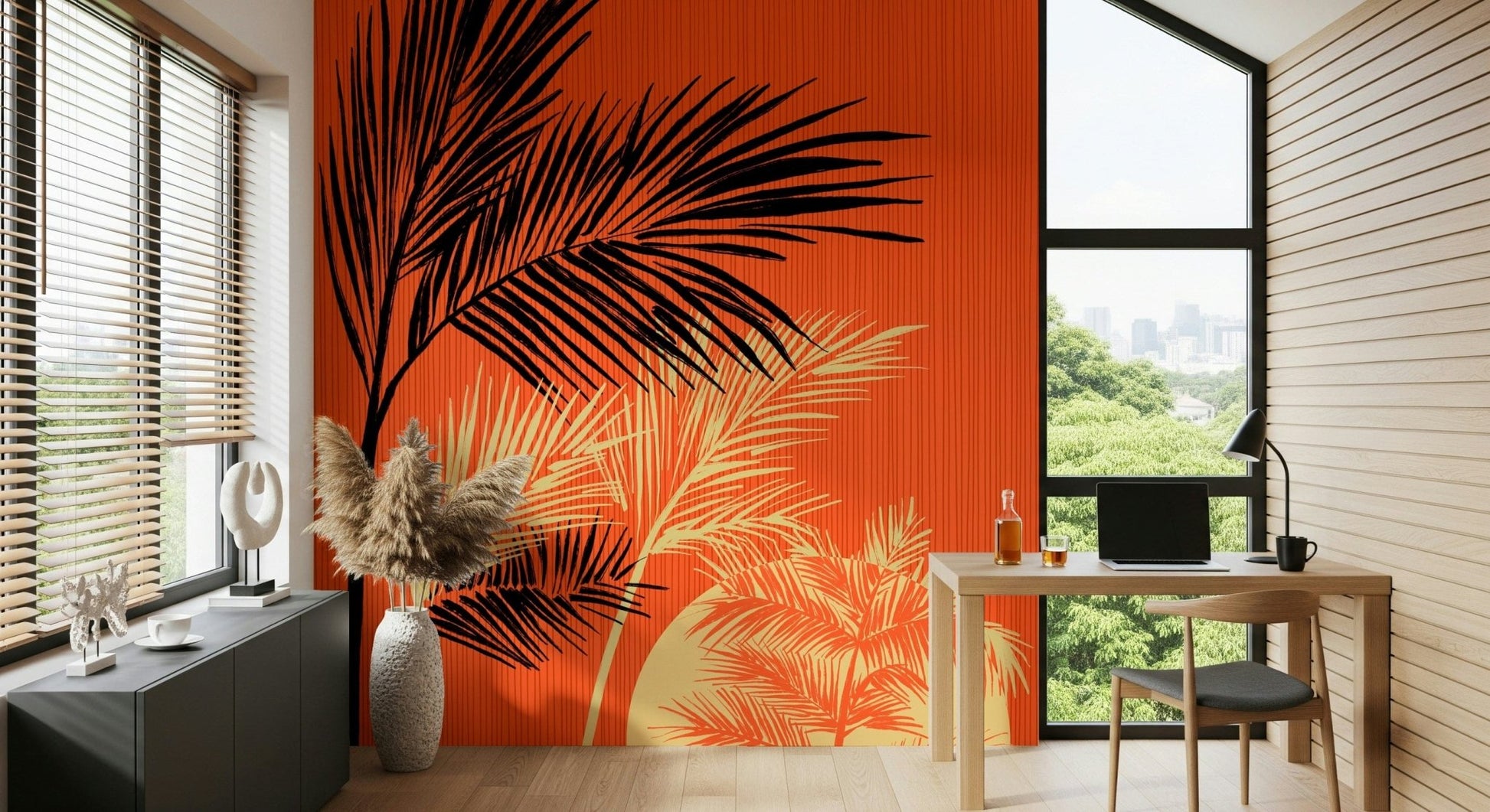 Palms at Sunset wallpaper mural with black and cream palms on orange behind a wood desk in a home office