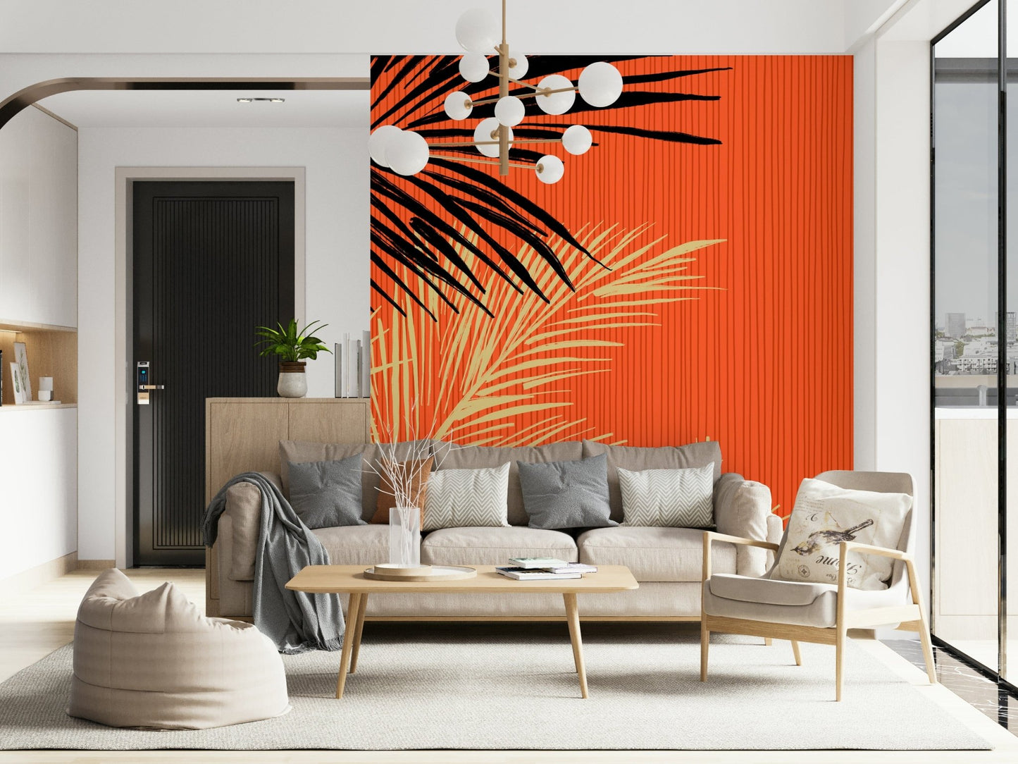 Palms at Sunset wallpaper mural of black palm fronds on orange behind a gray sofa and sputnik chandelier