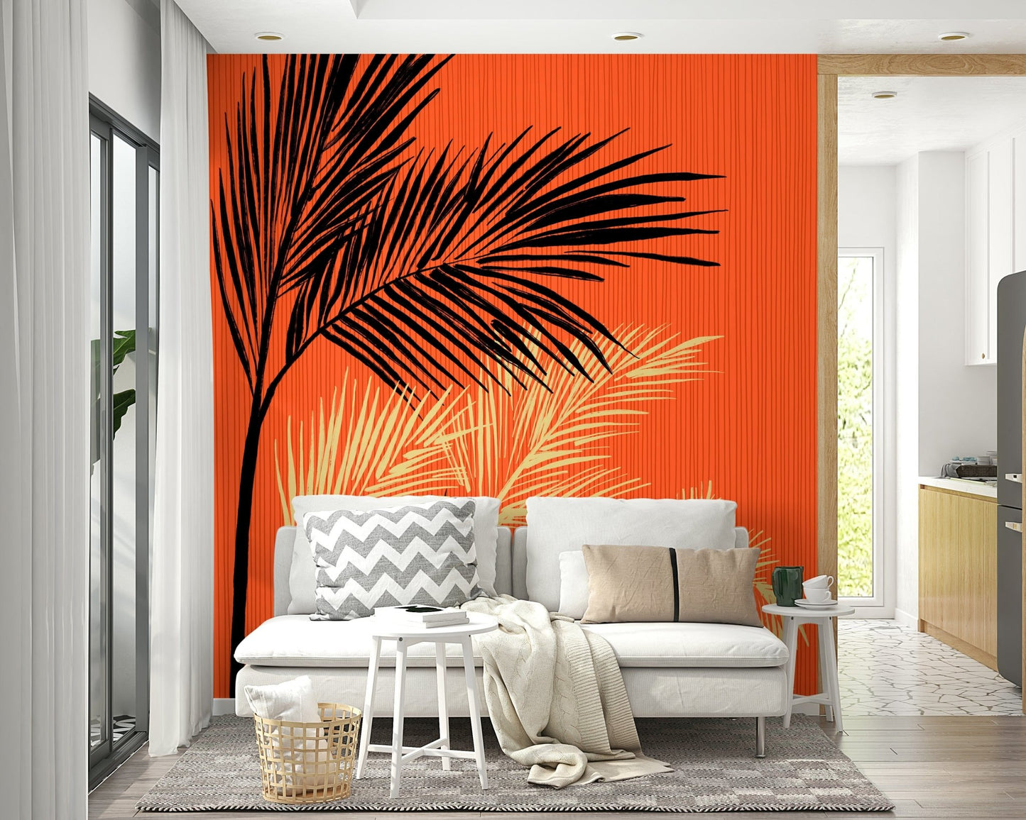 Palms at Sunset wallpaper mural of black palm fronds on orange behind a white loveseat in a living room