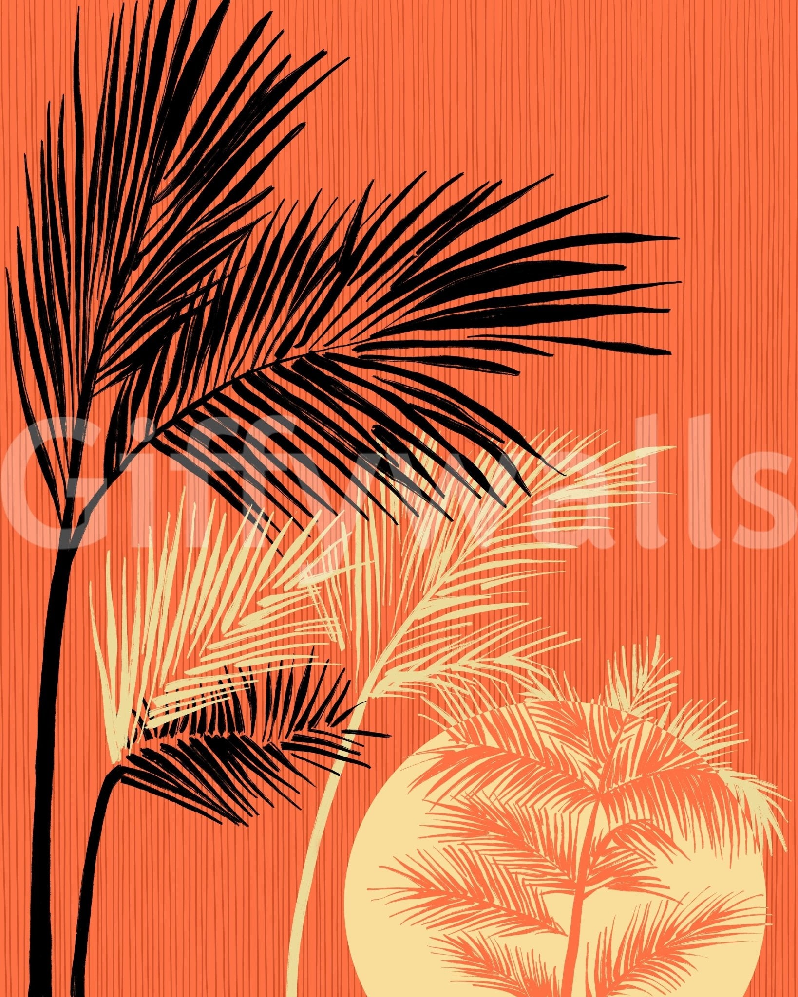 Palms at Sunset wallpaper mural shown as a full-wall design of black and cream palms with a setting sun on orange