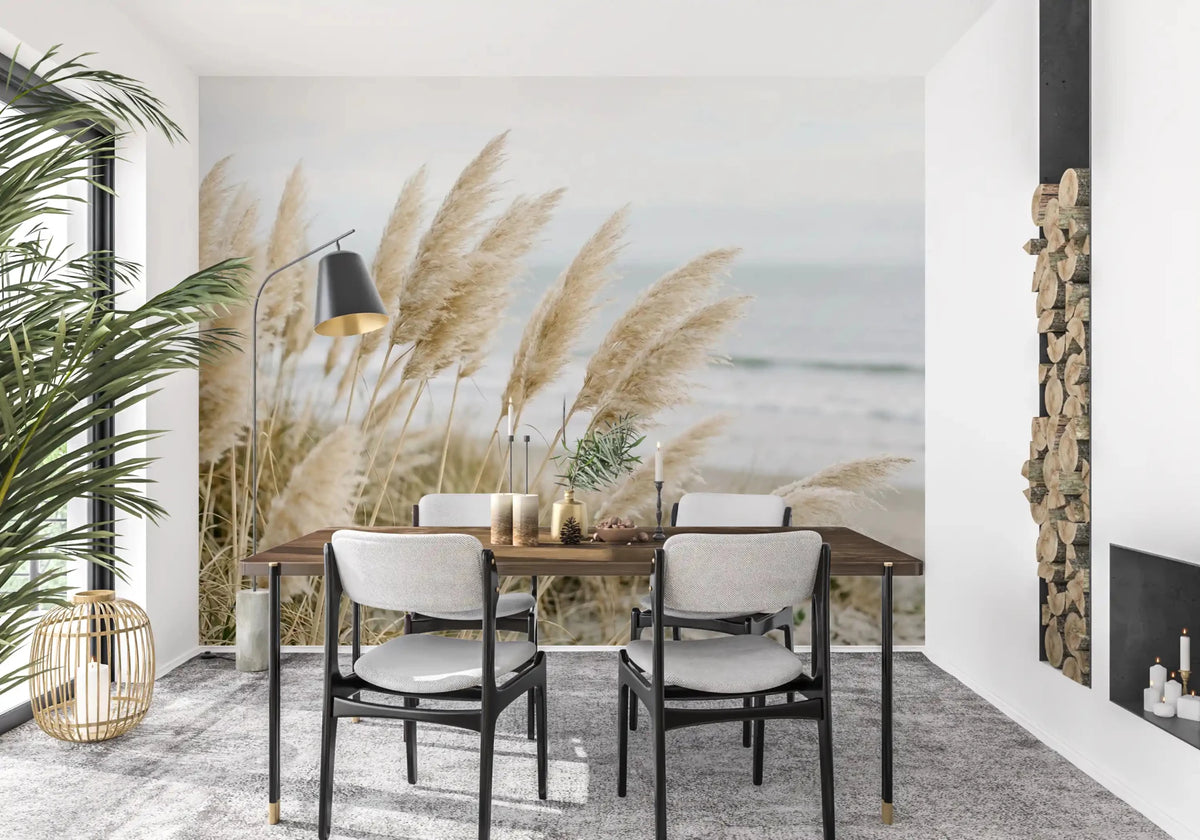 Beige pampas wall mural behind a sofa in a calm Dining room