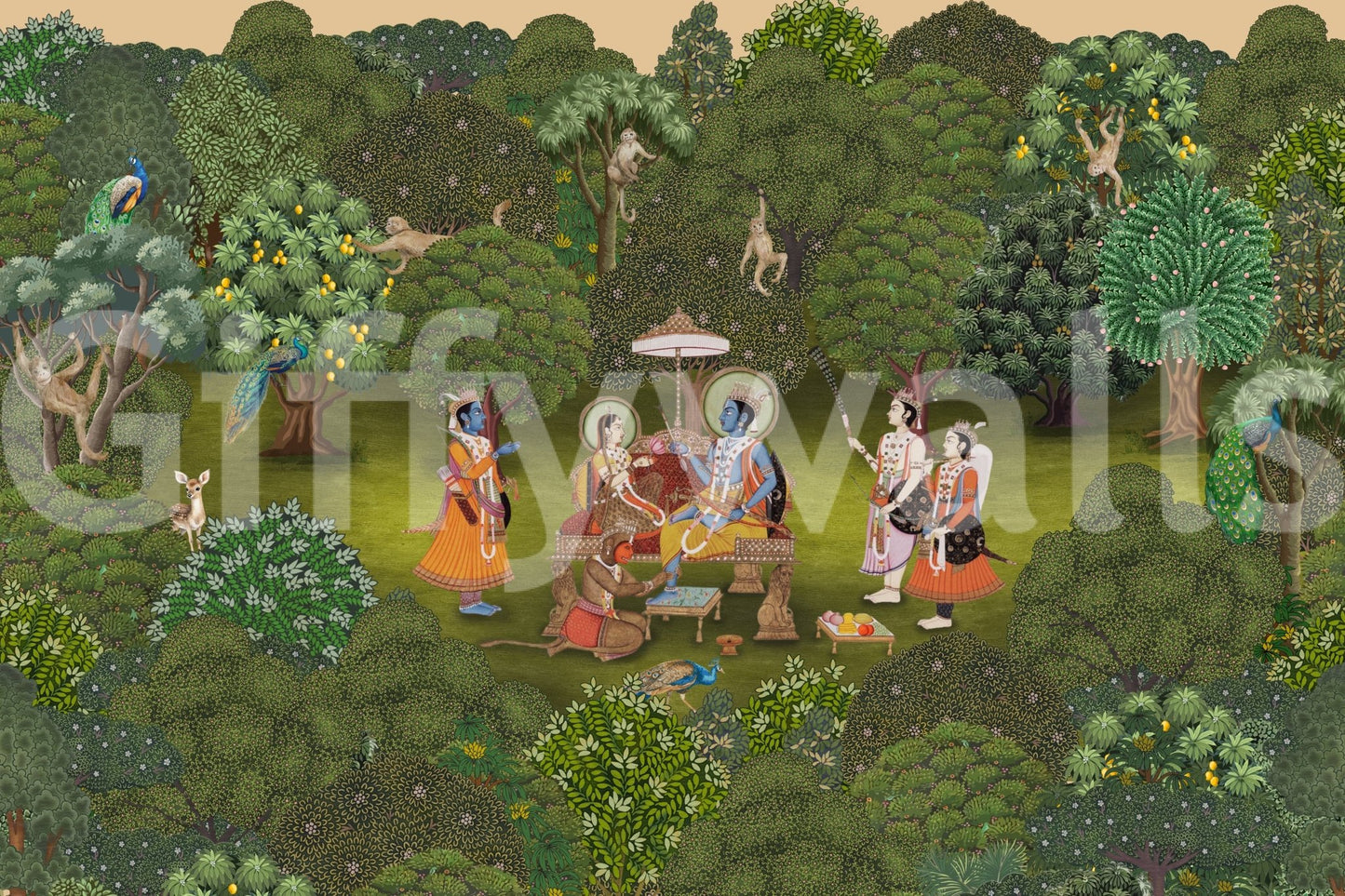 Panchavati Vihar wall mural styled with wood furniture and plants