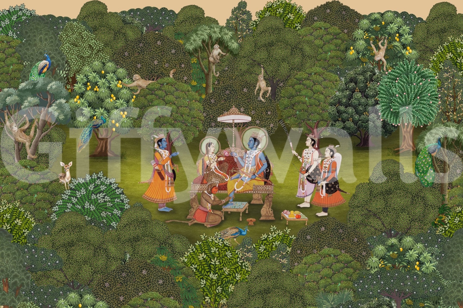 Panchavati Vihar wall mural styled with wood furniture and plants