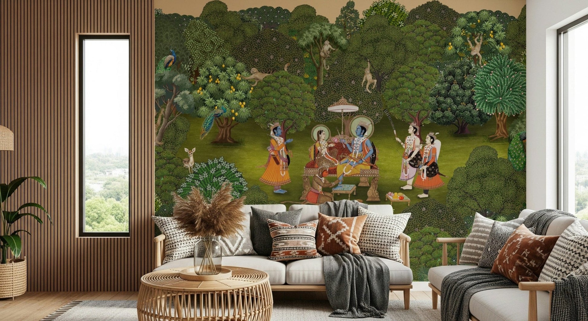 Panchavati Vihar mural installed on a living room feature wall