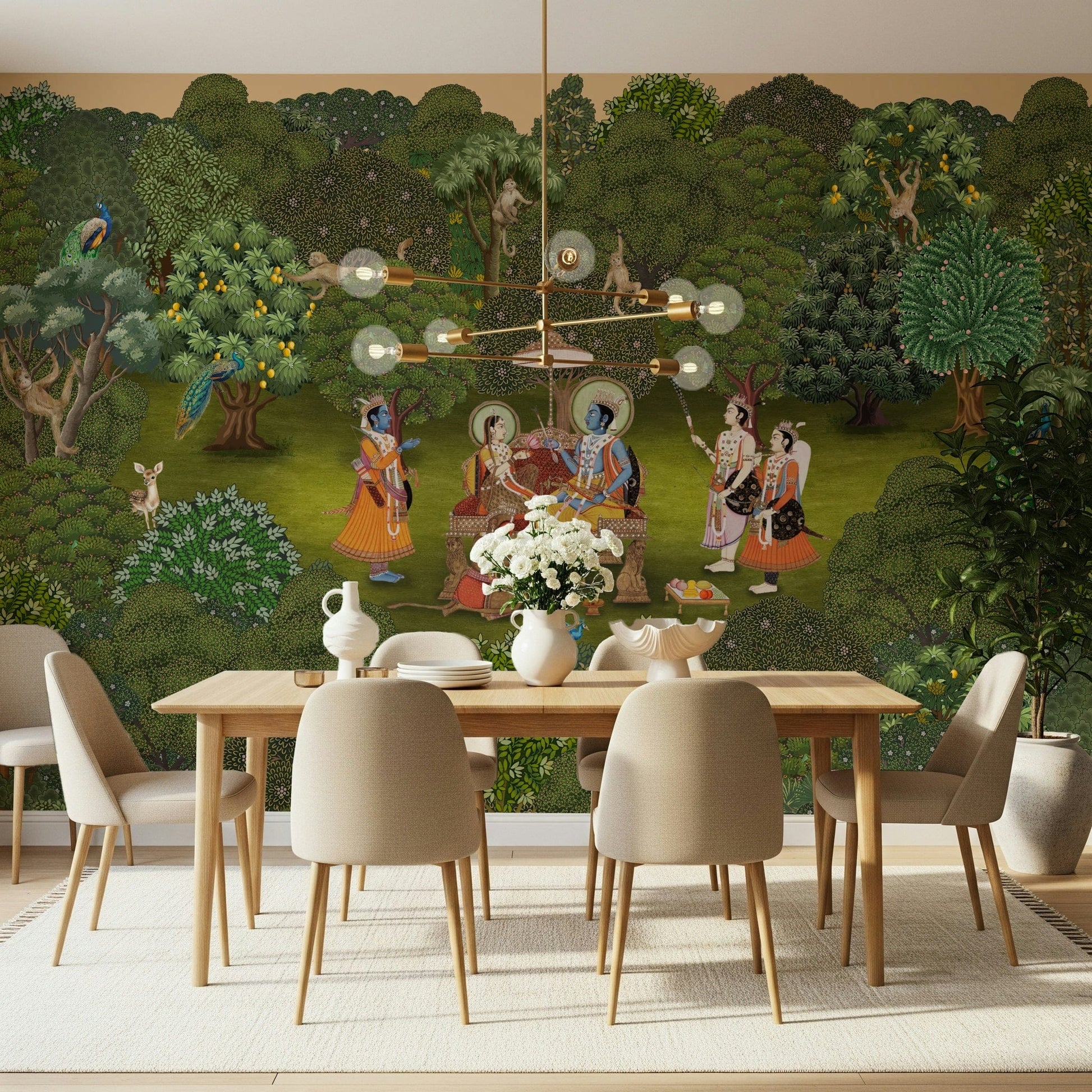 Panchavati Vihar wall mural in earthy greens and muted neutrals