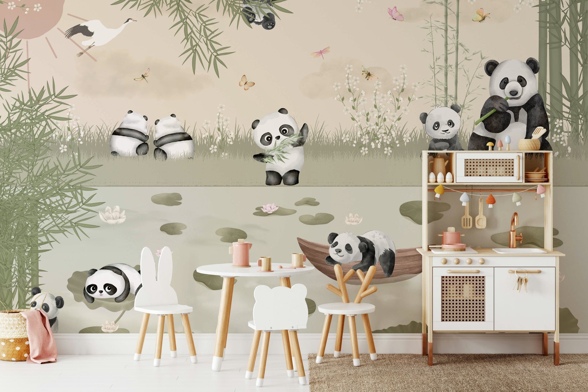 A cheerful wall mural with a whimsical, animal design.


