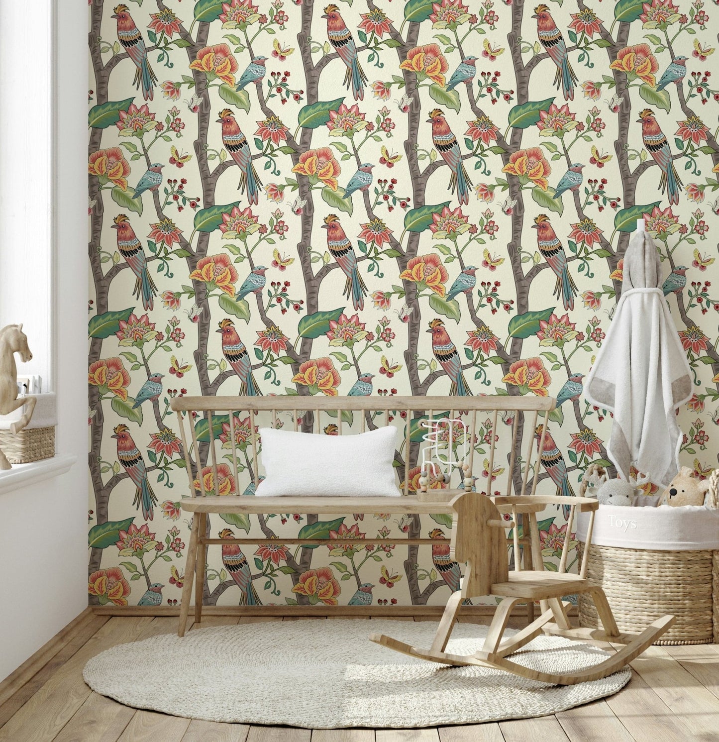 Paradise Perch wallpaper showcasing vibrant avian illustrations intertwined with delicate florals.