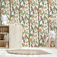 Paradise Perch wallpaper with detailed bird illustrations on a botanical background.