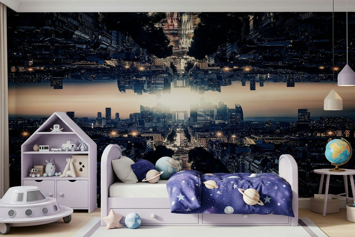 Symmetrical cityscape Parallel Universe peel and stick wallpaper.