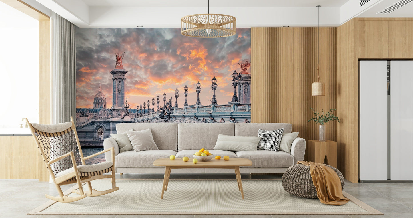 Parisian Bridge Sunset Wall Mural