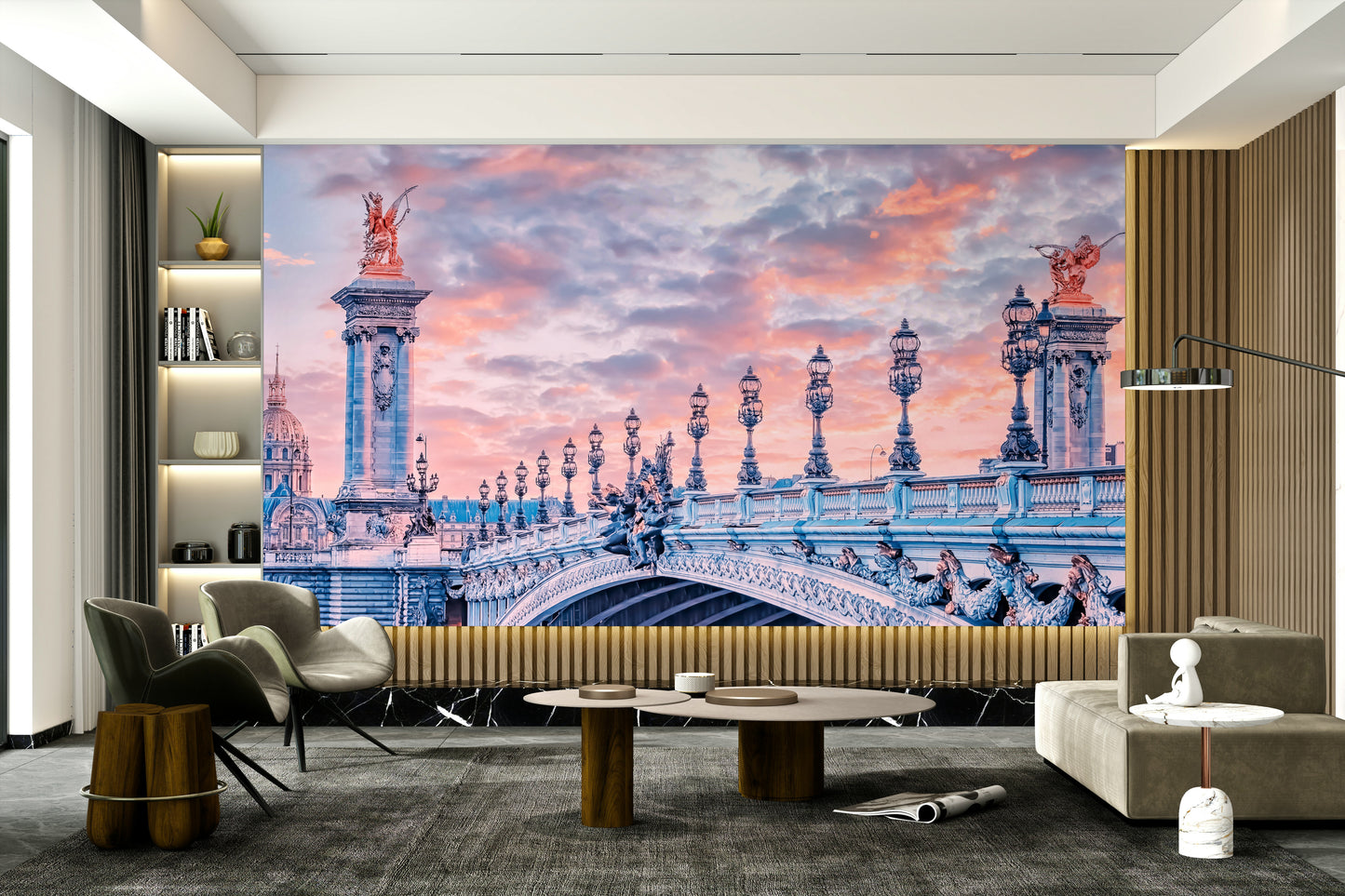 Ornate Paris bridge under pink sky

