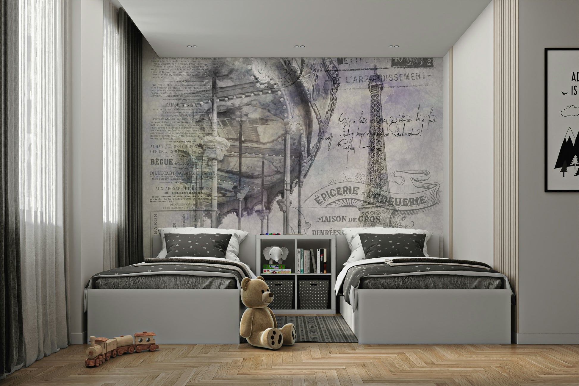 Artistic collage of Eiffel Tower and carousel for walls

