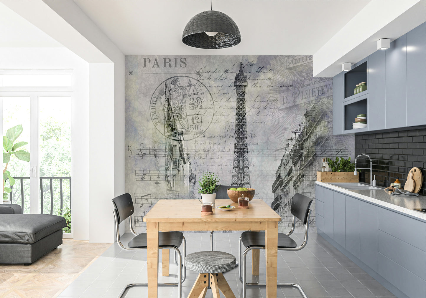 French city mural with street scene and postmarks

