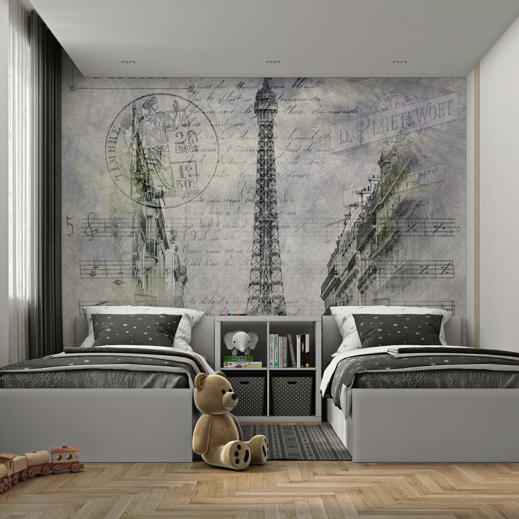 Paris collage mural with Eiffel Tower and script

