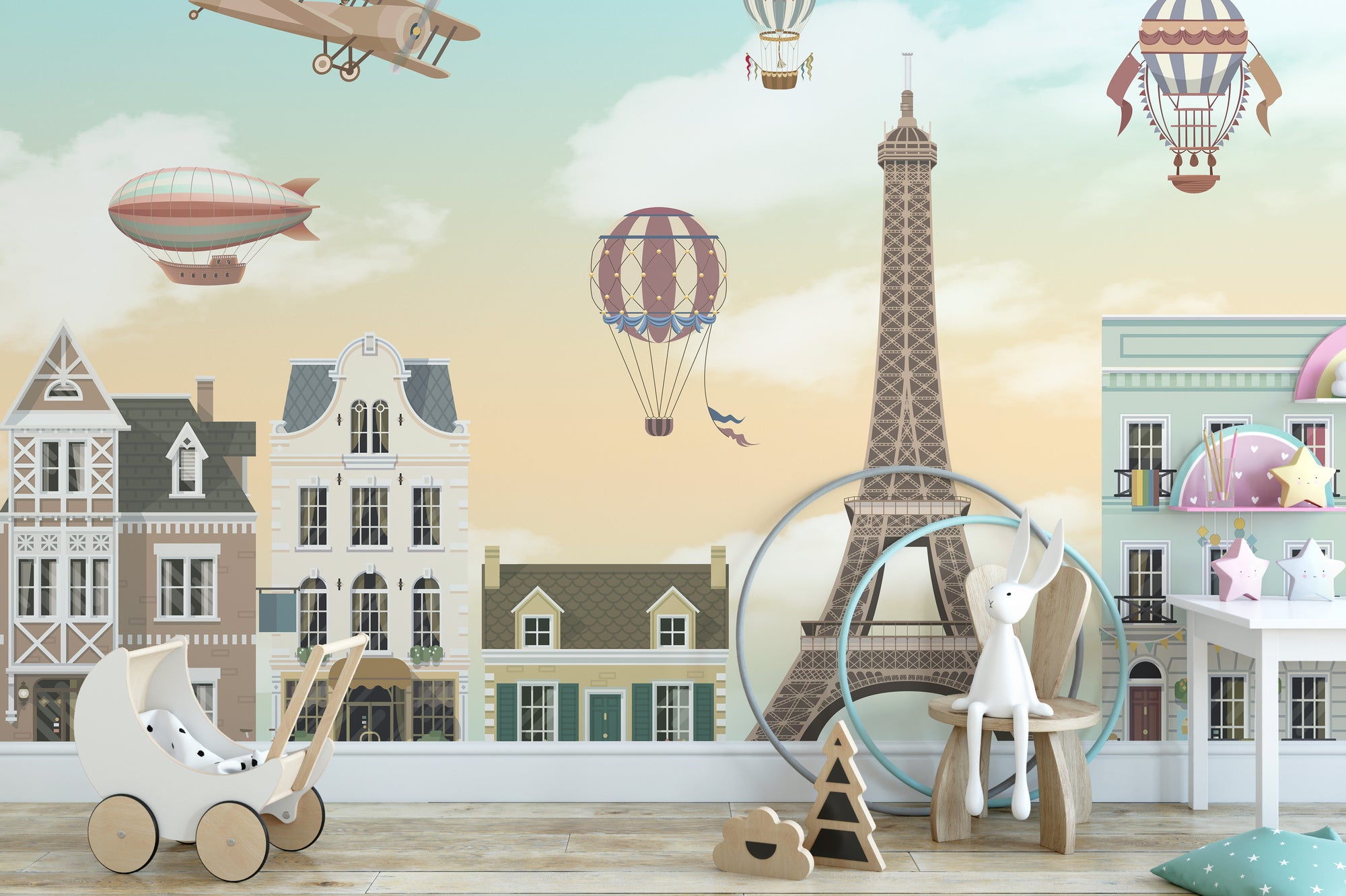 Children Room Eiffel Tower City wallpaper mural shown as a full feature wall that highlights the design
