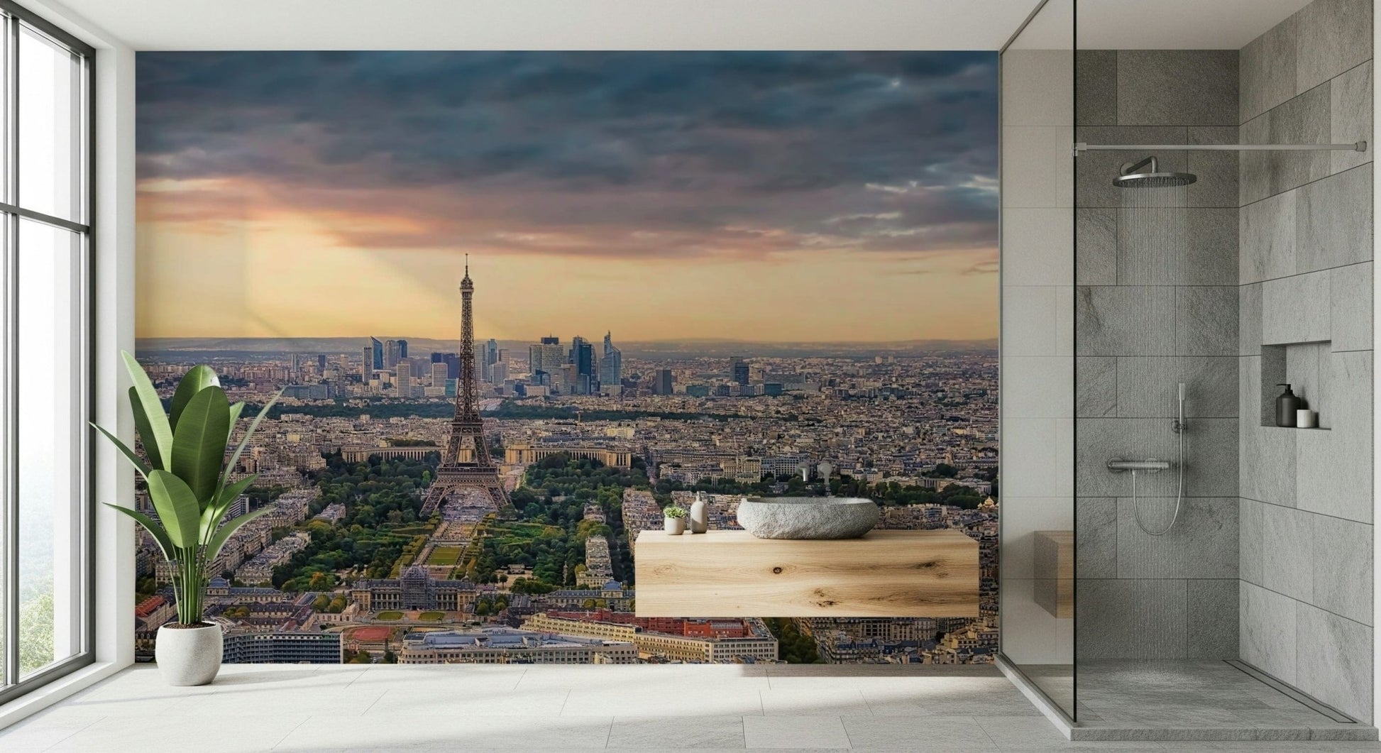 Wall covering Paris Panorama Sunset wide angle architectural print.