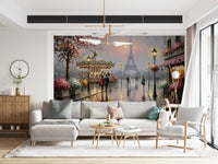 Luminous street lamps brighten Retro Geo Blush wall mural rainy walkways.