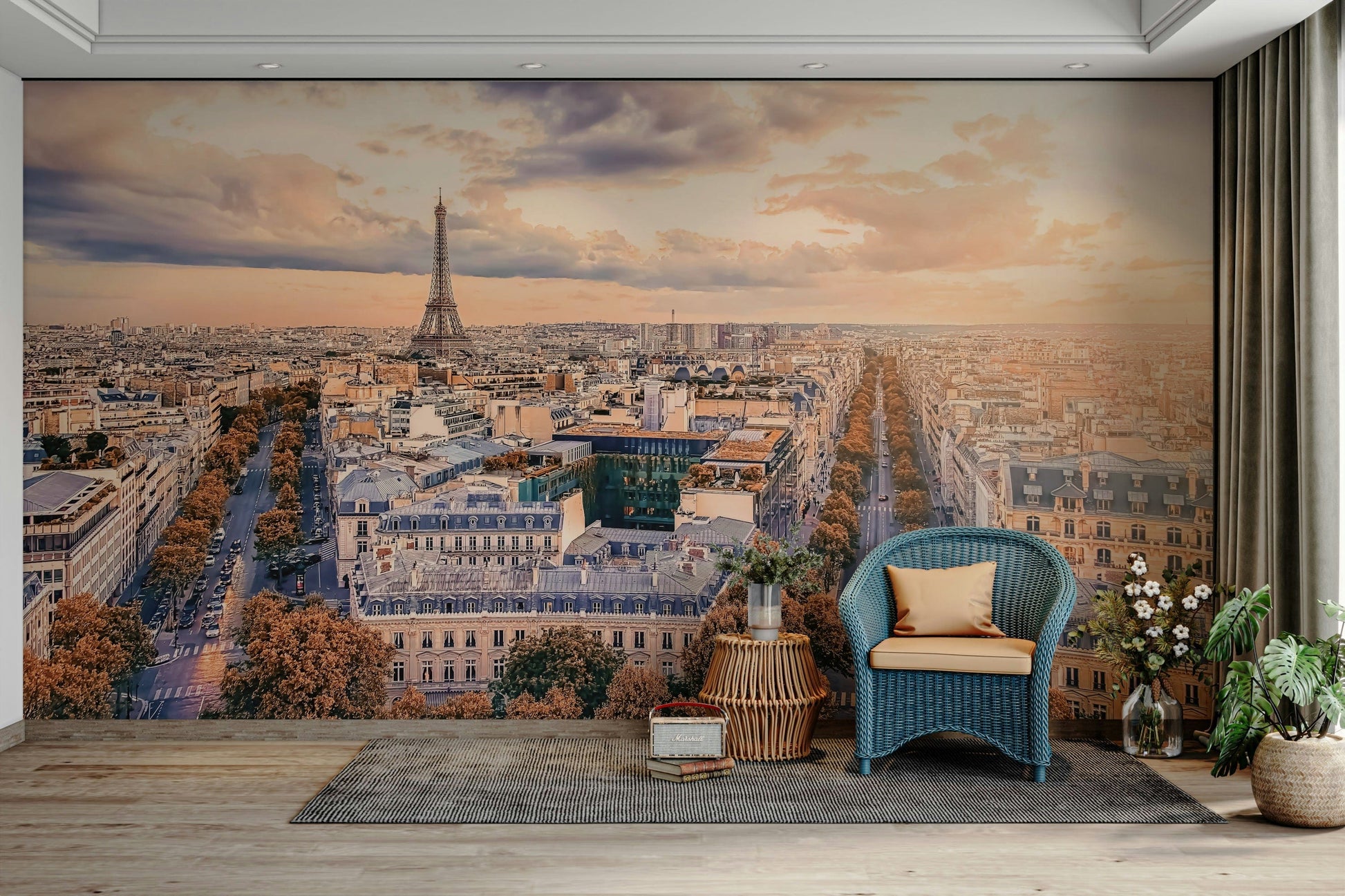 An artistic travel theme mural for home decor.

