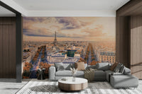 A beautiful Parisian sunset wallpaper mural with an iconic skyline.

