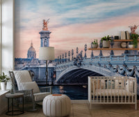 Parisian Bridge Dream peel and stick wallpaper river view.