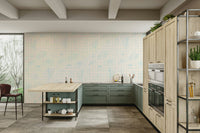 The design features a repeating pattern of soft, interconnected grid shapes.

