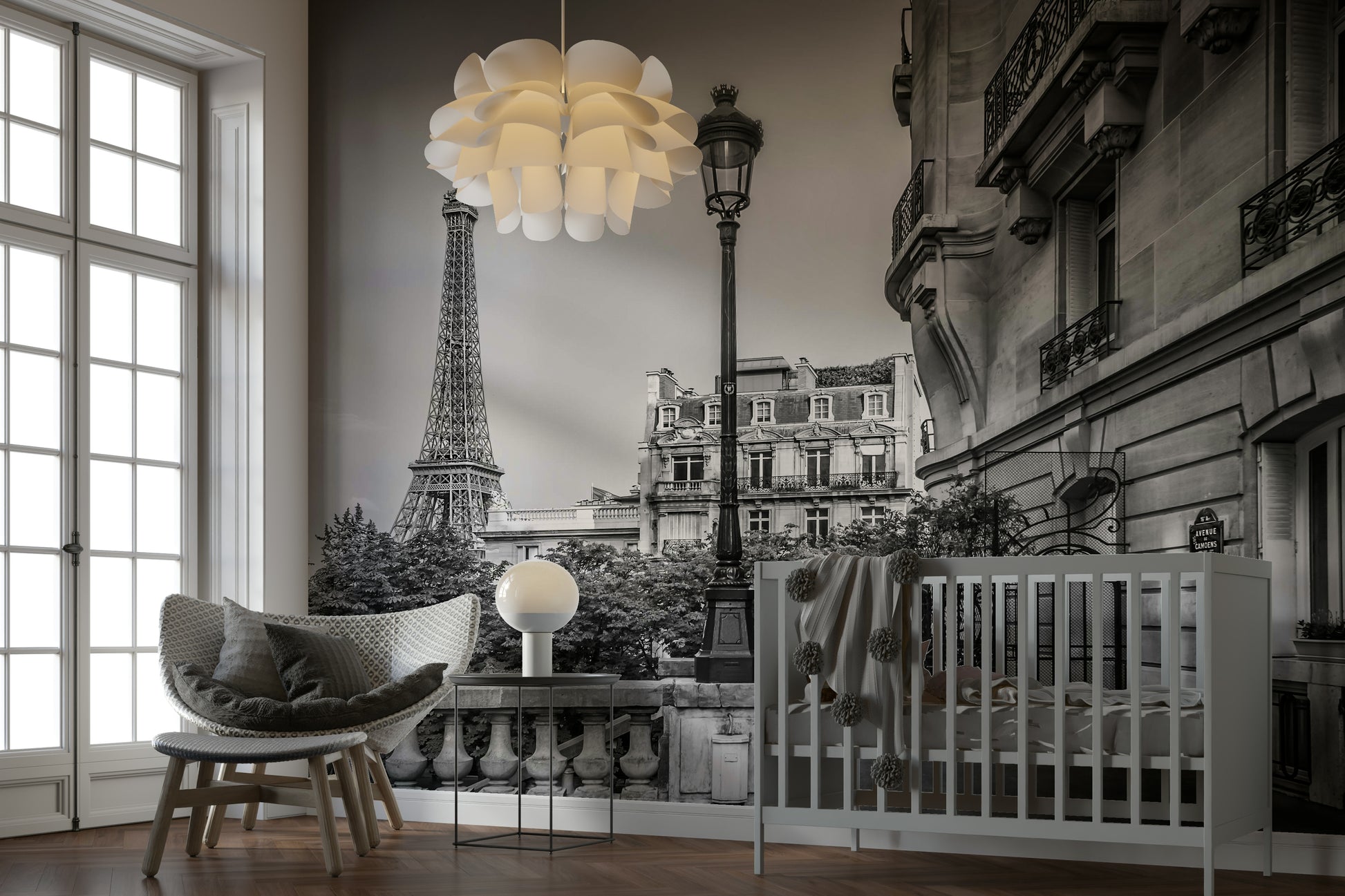 Urban streetscape wallpaper mural in a master suite with white bedding.