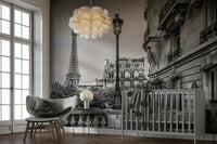 Urban streetscape wallpaper mural in a master suite with white bedding.