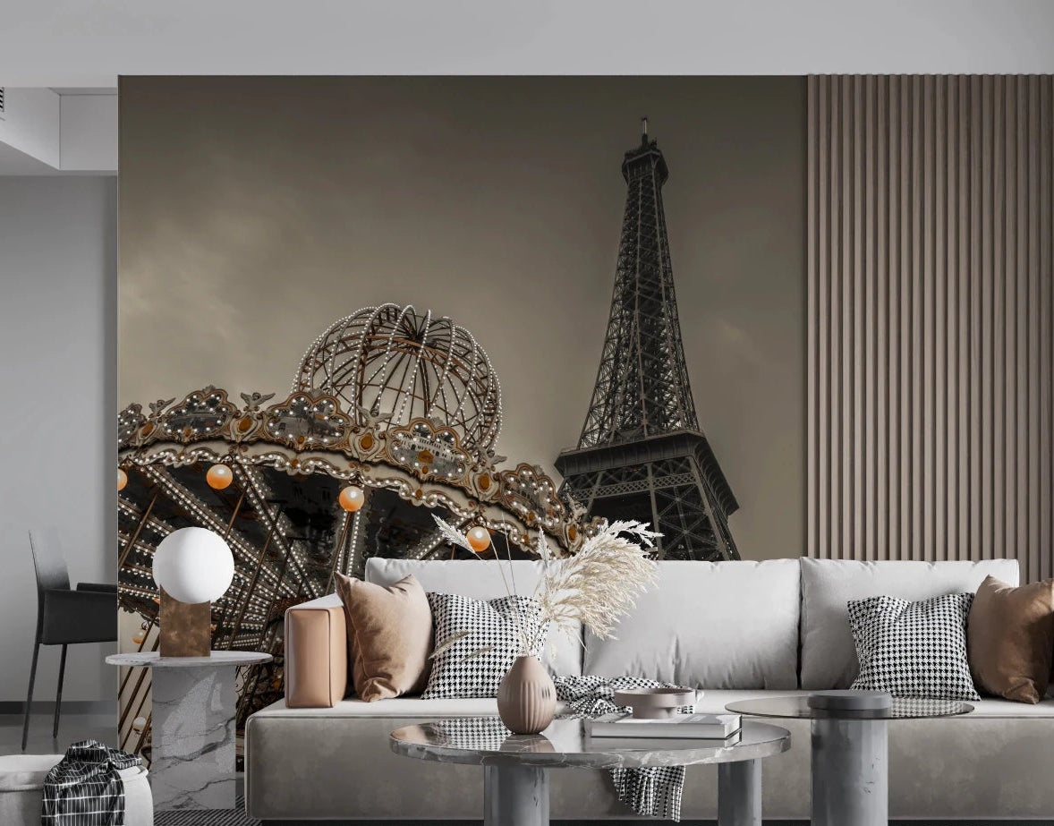 Parisian Dreamscape wallpaper mural of the Eiffel Tower and vintage carousel above a grey sofa in a living room