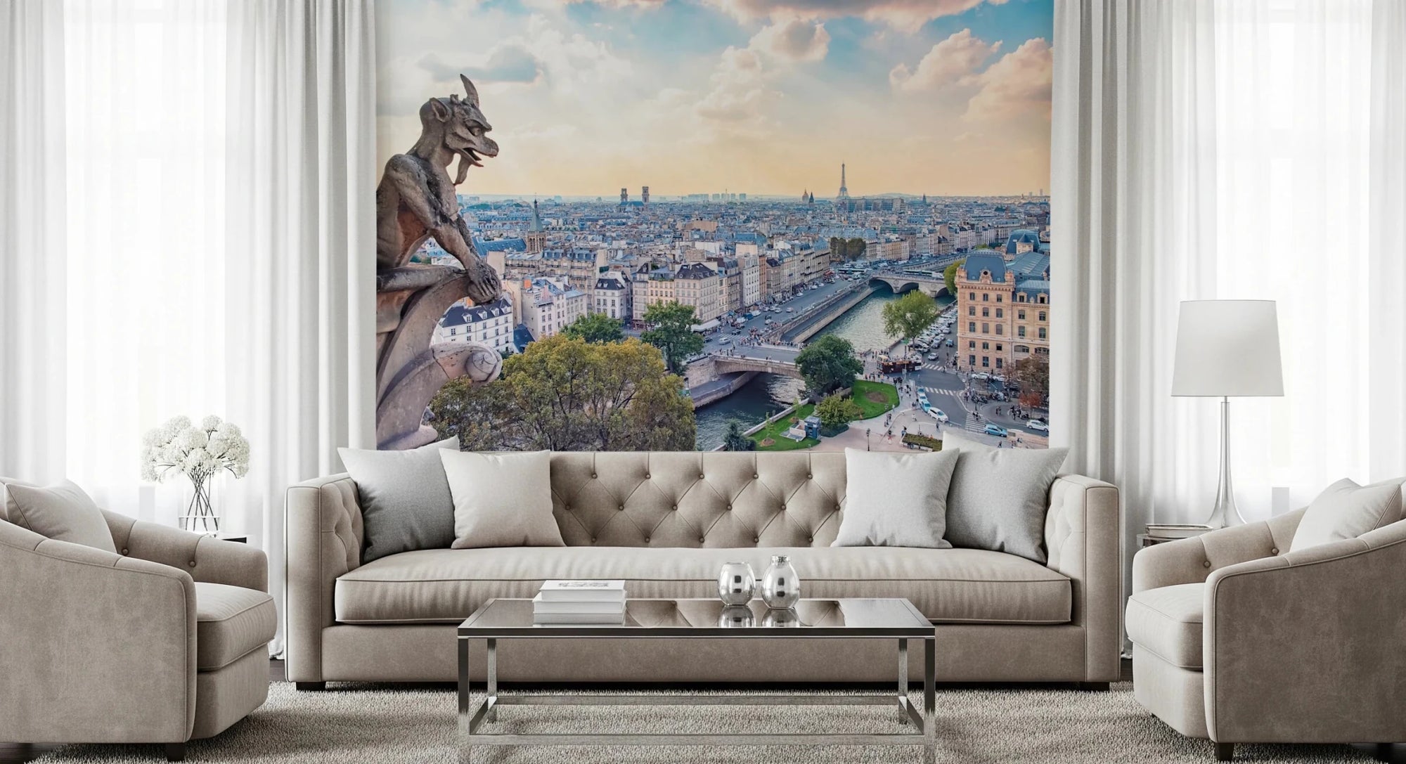 Parisian Guardian wallpaper mural with Notre-Dame gargoyle over Paris behind a beige tufted sofa in a living room