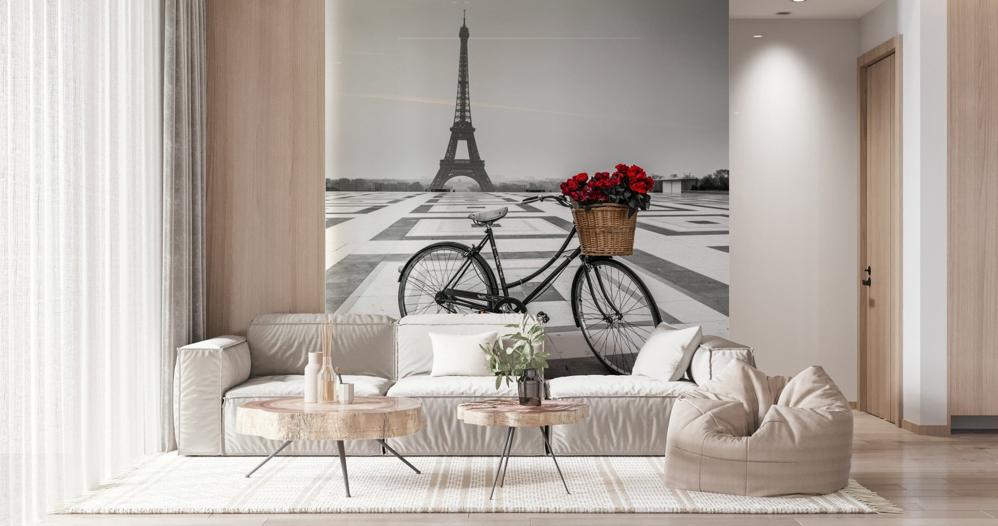 Parisian Love Story wallpaper capturing basket of passion amidst concrete geometry.