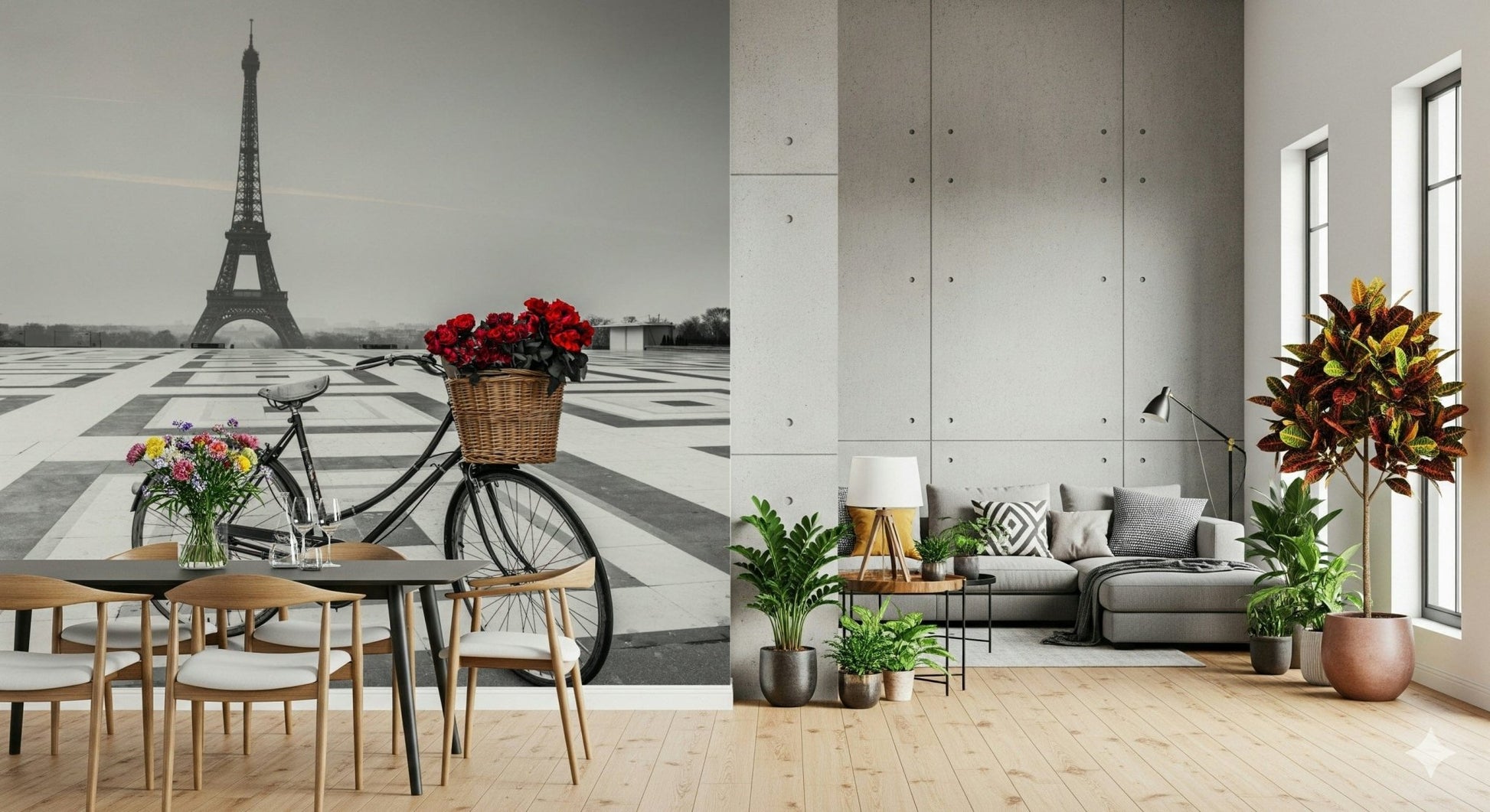 Greyscale city panorama Parisian Love Story mural with splash of ruby color.