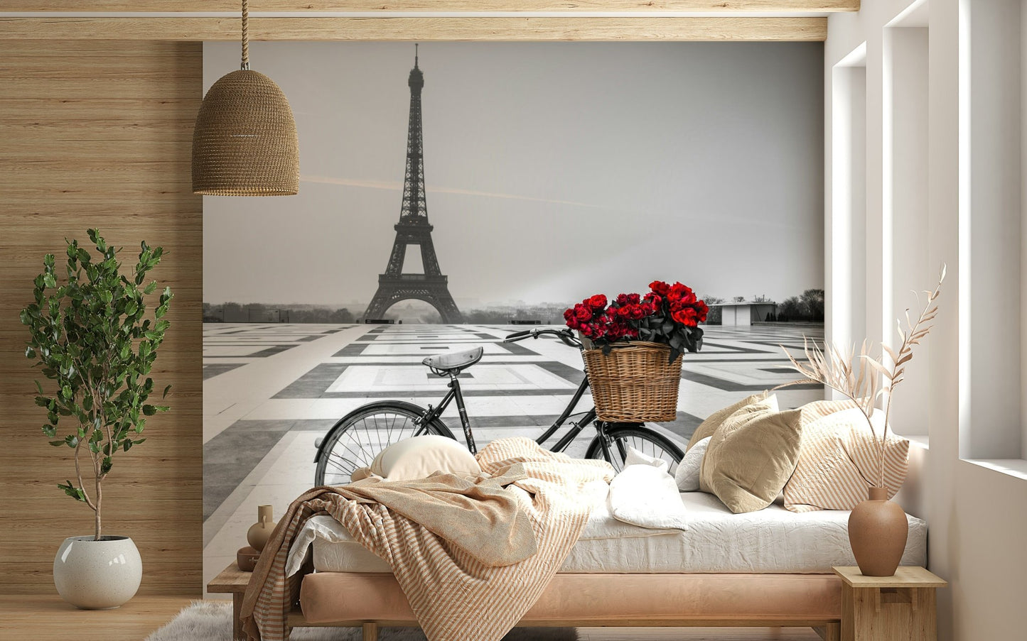 Architectural majesty meets floral pop in Parisian Love Story wall mural art.