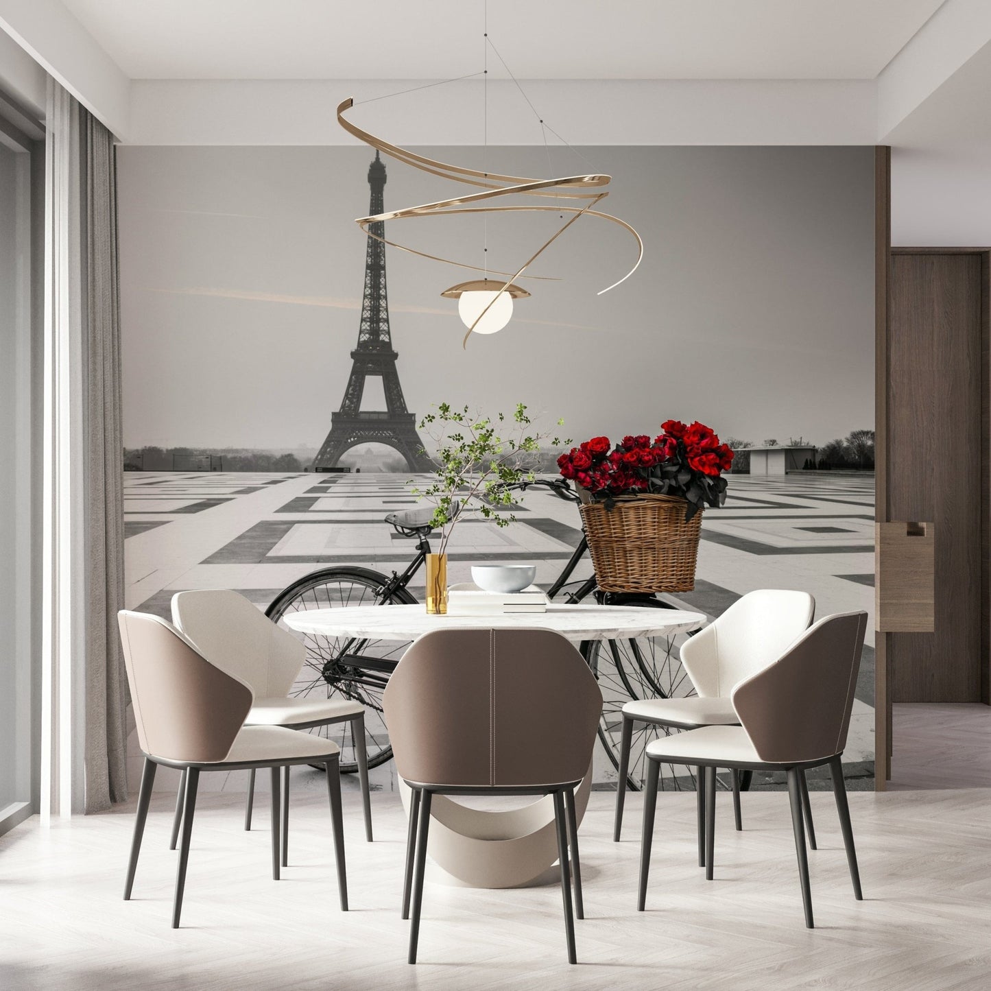 Chic interior accent Parisian Love Story wallpaper with famous metal spire view.