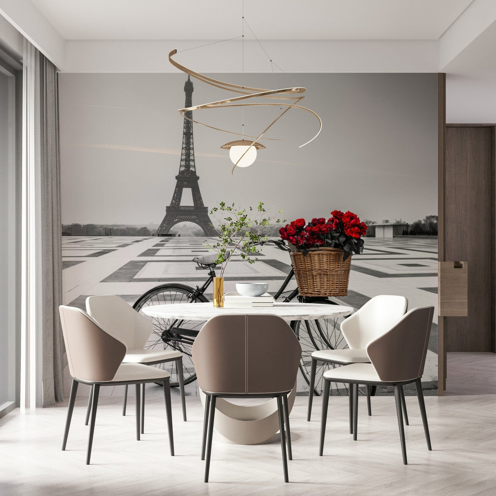 Chic interior accent Parisian Love Story wallpaper with famous metal spire view.