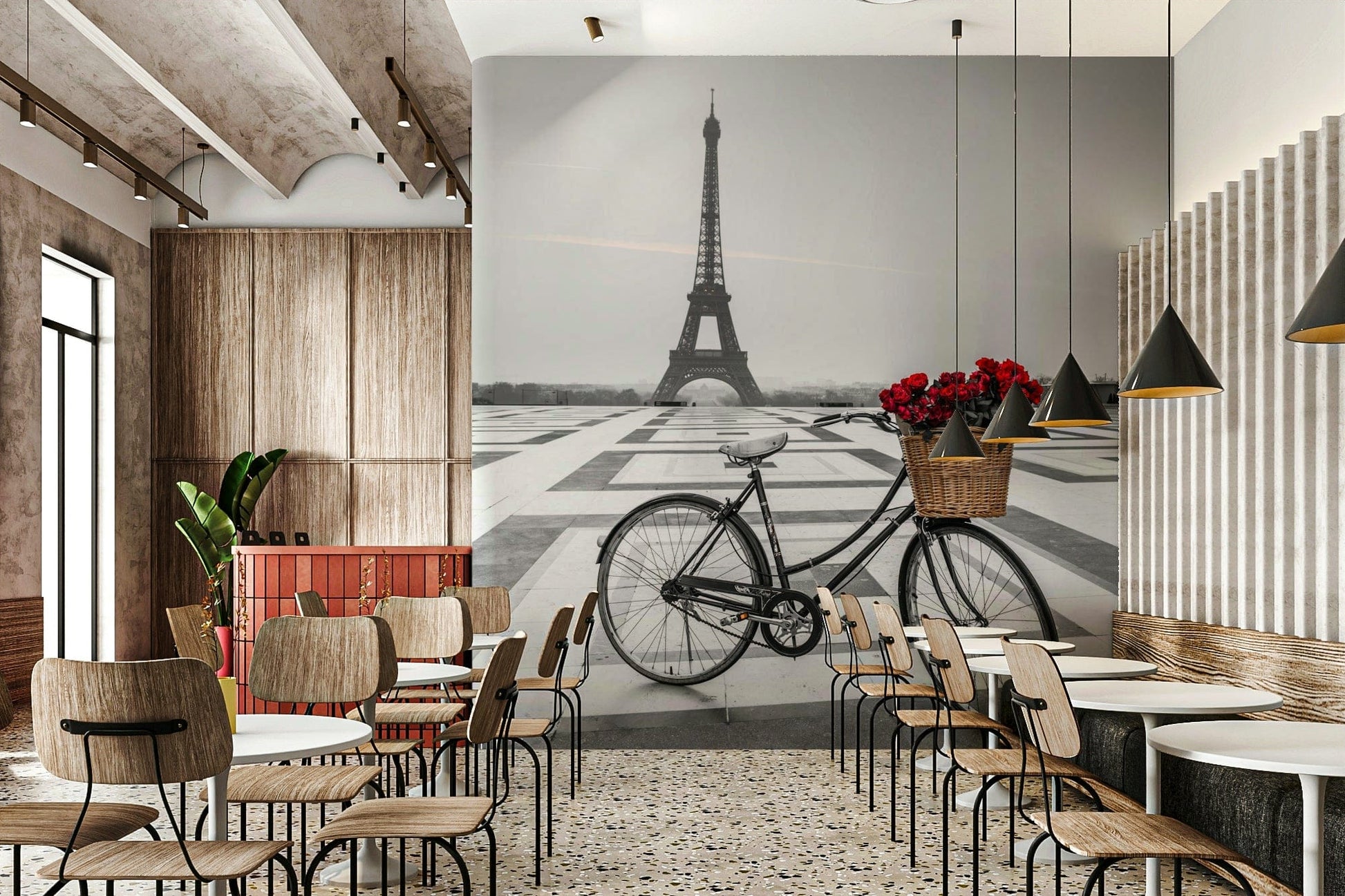 Artistic photo print Parisian Love Story mural fitting modern living room style.